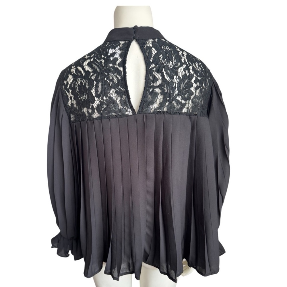 Black Pleated Chiffon Blouse | Lace Detail Mock Neck | Medium Romantic Flowy Top - Picture 2 of 13
